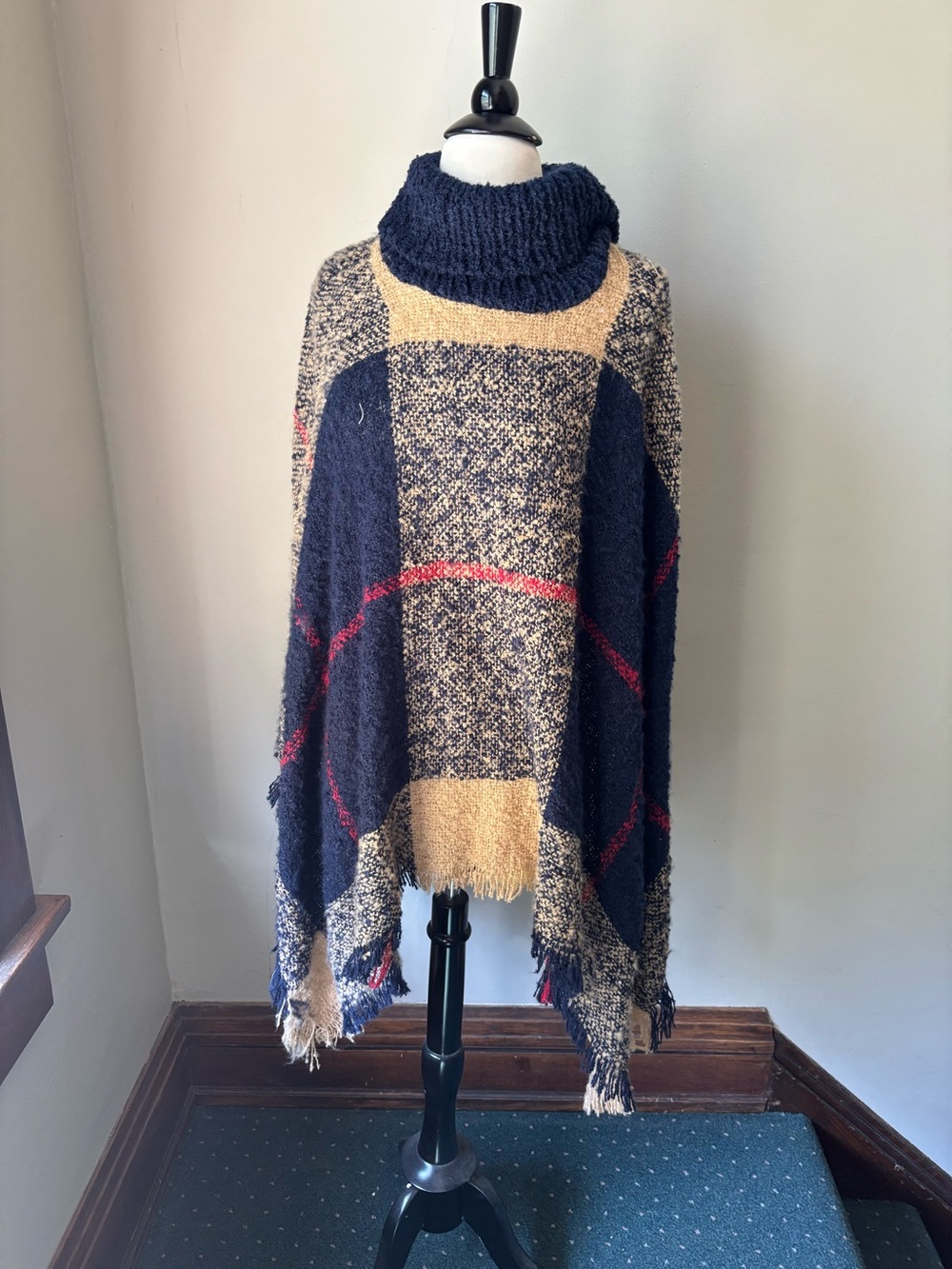 Cozy Navy and Beige Plaid Turtleneck Poncho Sweater